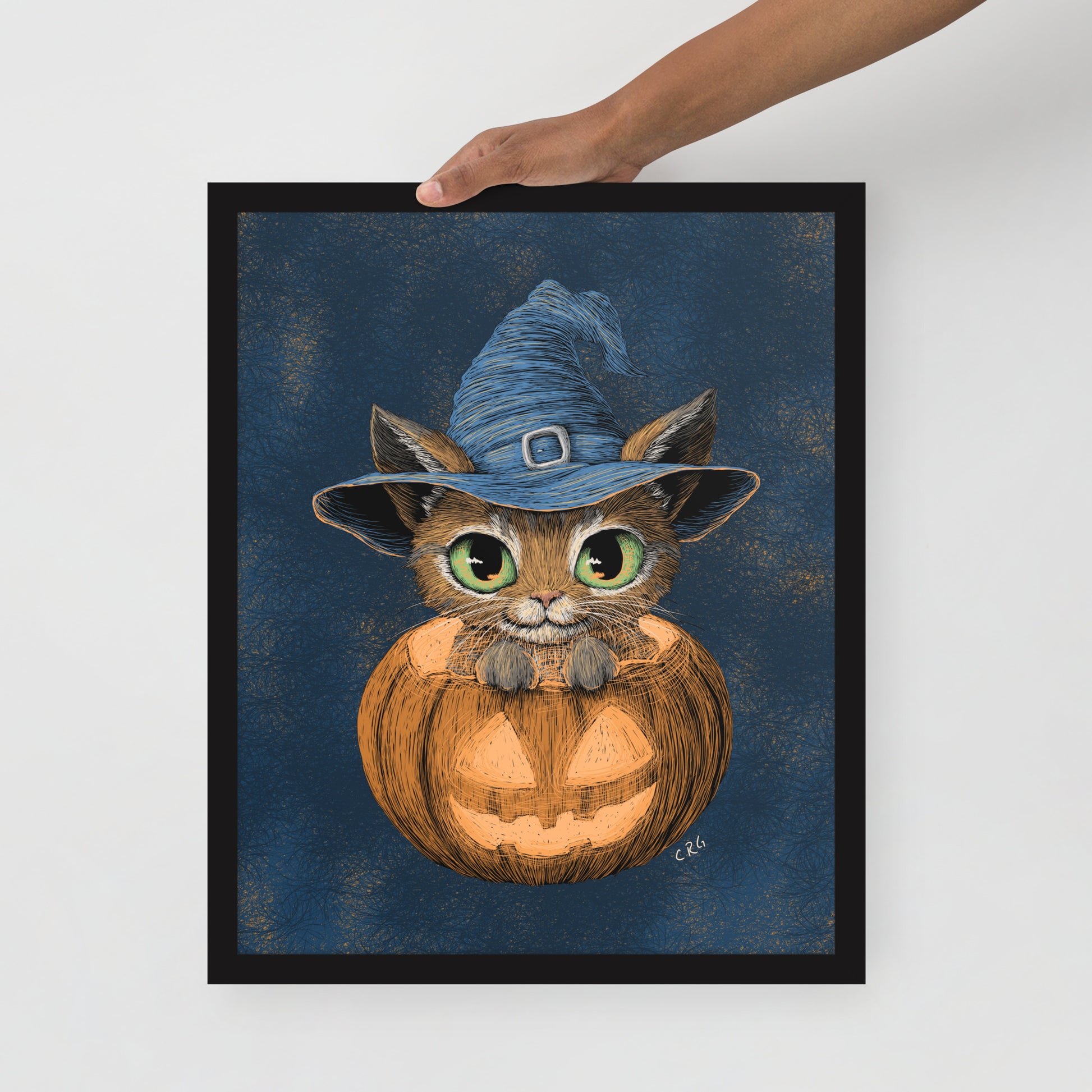 Cat Witch in a Pumpkin Art Print