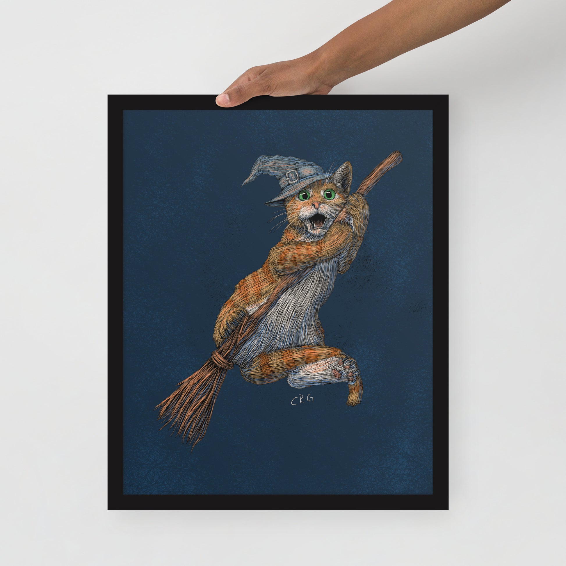 Cat Witch Falling Off a Broom Stick Art Print