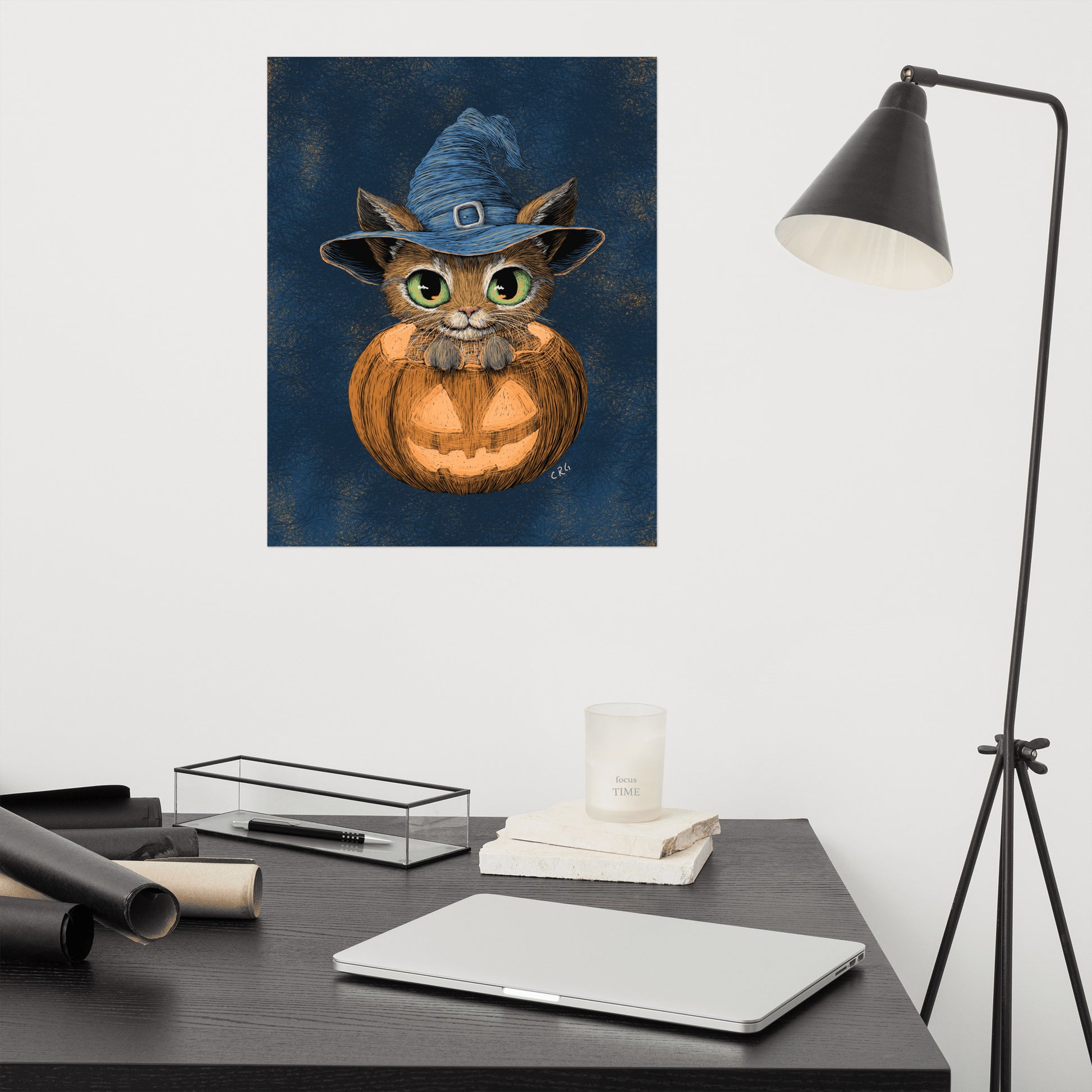 Cat Witch in a Pumpkin Art Print