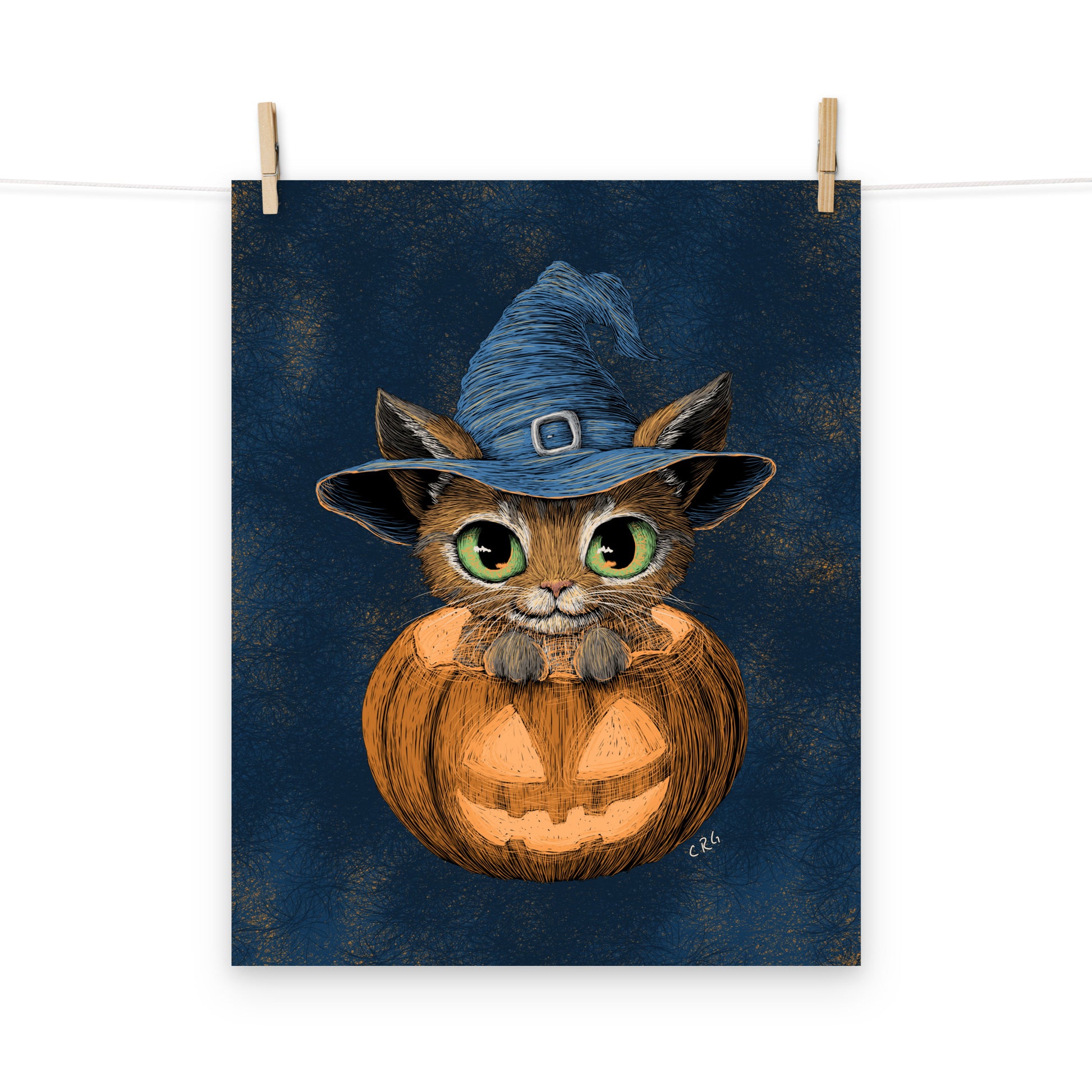 Cat Witch in a Pumpkin Art Print