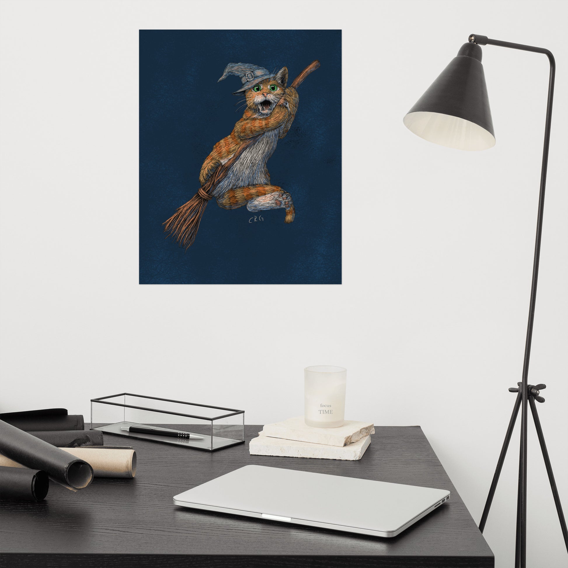 Cat Witch Falling Off a Broom Stick Art Print