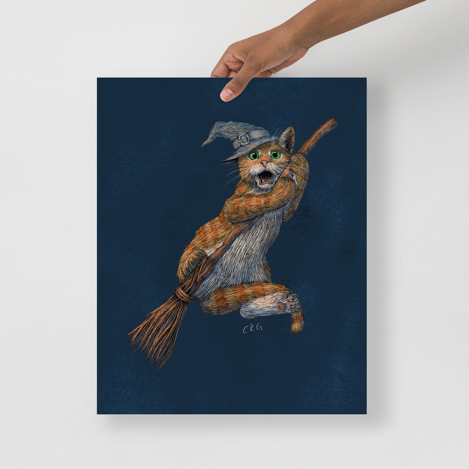 Cat Witch Falling Off a Broom Stick Art Print