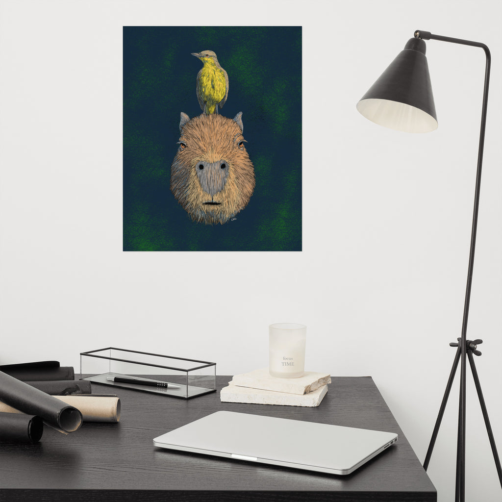 Capybara and Cattle Tyrant Art Print