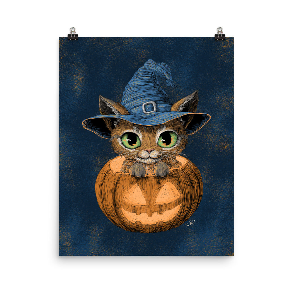 Cat Witch in a Pumpkin Art Print