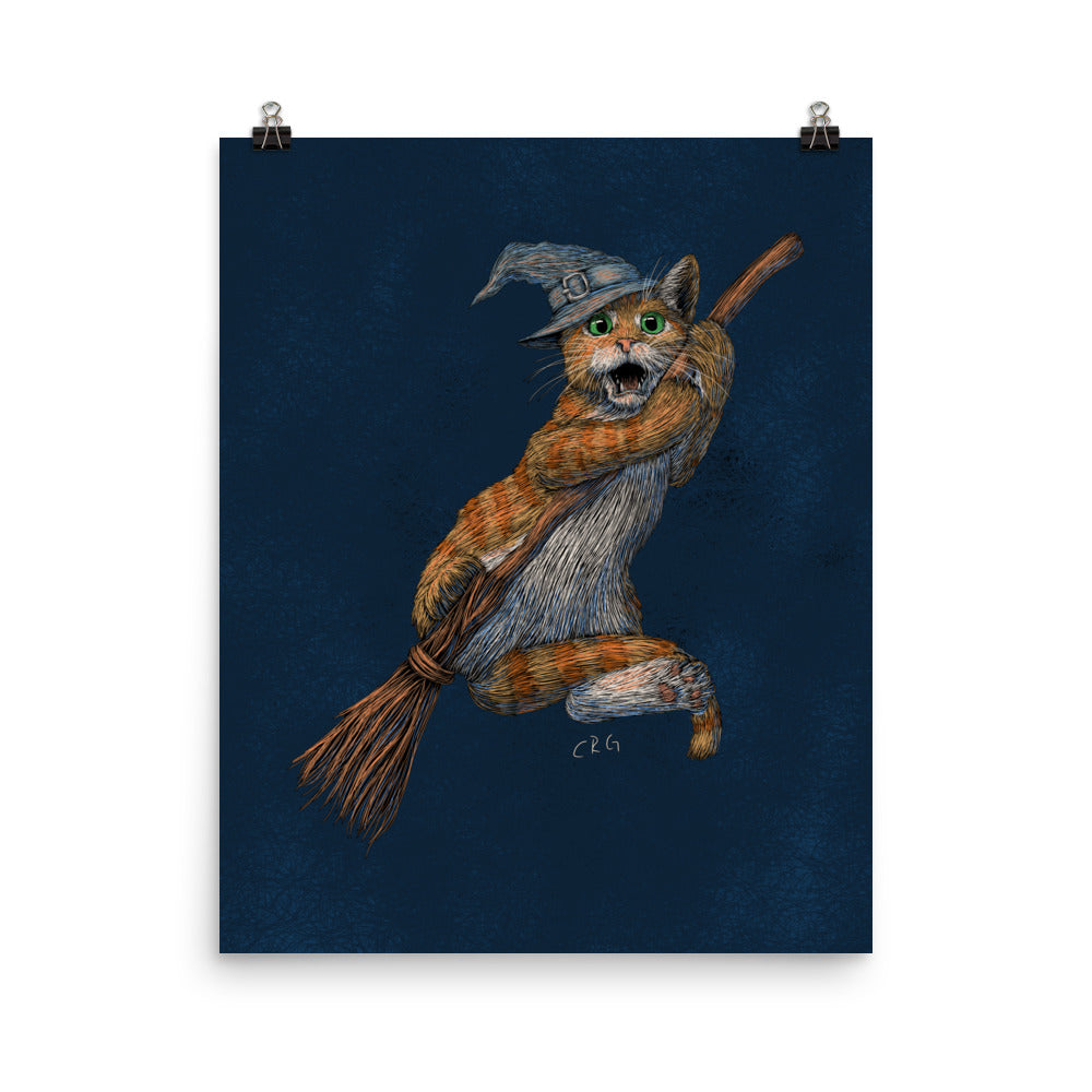 Cat Witch Falling Off a Broom Stick Art Print