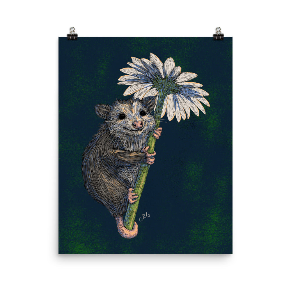 Opossum Hugging Daisy Art Print